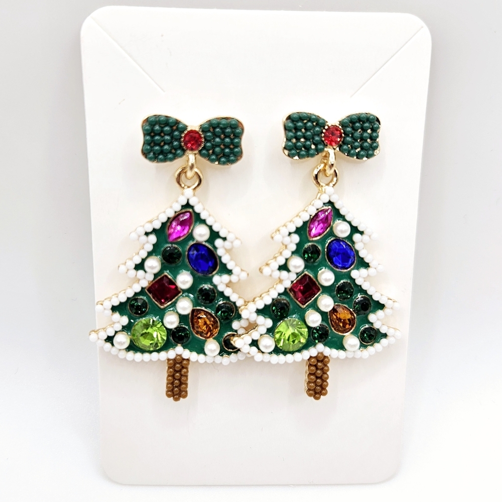 Holiday Beaded Christmas Tree Earrings Festive Accessory Statement Style New